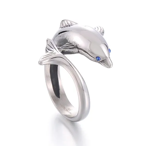 Bague Dauphin Yeux Pierre Bleue Acier Inoxydable 316L Ouverte Ajustable Bijoux Animaux Pour Hommes Style Street Trendy
