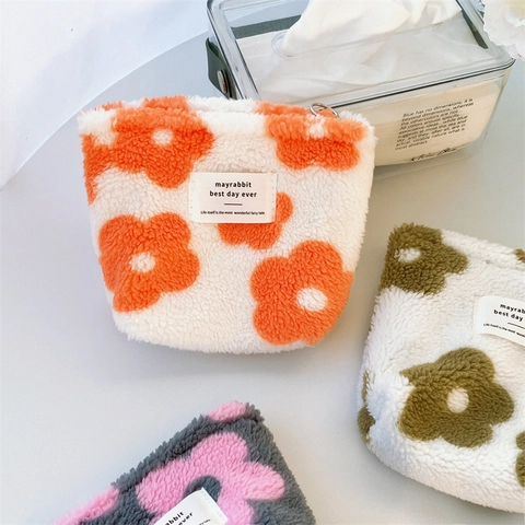 Women Plush Floral Cosmetic Bag Small Faux Lamb Wool Square Coin Purse Zipper Pouch For Makeup Storage Travel
