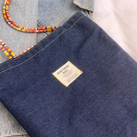 Retro Denim Canvas Tote Bag Colorful Beaded Handle Versatile Plaid Patchwork Shoulder Bag Women Daily Commute