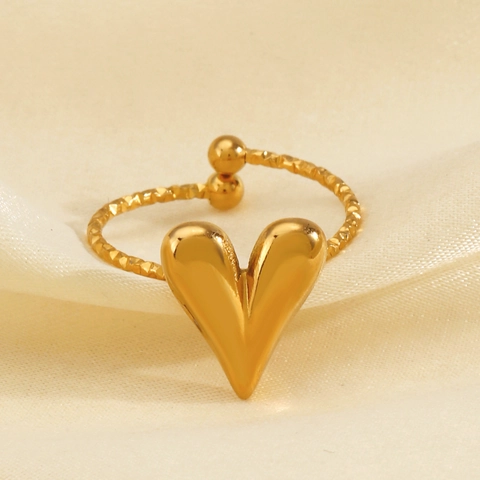 Heart Shaped Open Adjustable Ring Stainless Steel Fashion Gold Textured Band Women Minimalist Jewelry Gift