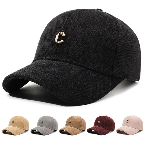 Baseballkappe Fischgrätenmuster Wolle Warm Verstellbar Metallbuchstabe C Dekor Freizeit Mode Unisex Sonnenhut