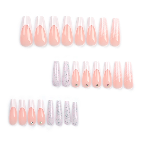 Witte French Tip Press On Nails Lange Coffin Kunstnagels Strass Wervel Ontwerp Zilveren Glitter Plastic Voor Dames