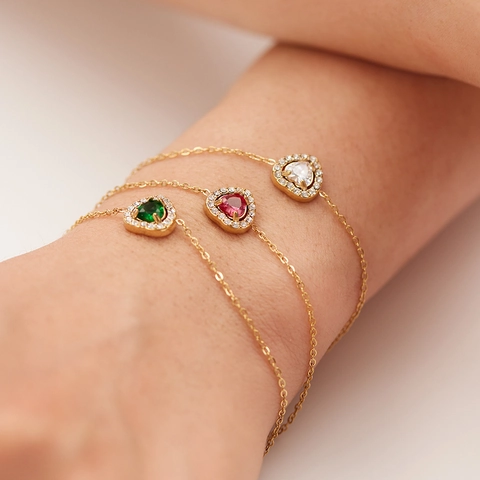 Bracciale Con Ciondolo A Cuore Donna Acciaio Inossidabile Placcato Oro 18K Zirconia Smeraldo Rubino Zircone Bianco Elegante