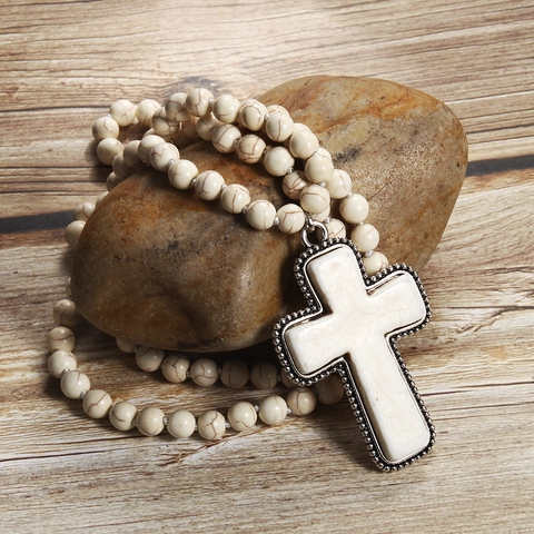 Bohemian Turquoise Kralen Kruis Hanger Halsketting Voor Vrouwen Retro Handgemaakte Steen Religieuze Gebed Lange Trui Ketting Sieraden