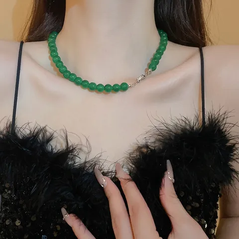 Collar De Cuentas Verde Esmeralda Vidrio Minimalista Nuevo Estilo Chino Piedra Artificial Aleación Colgante Gargantilla