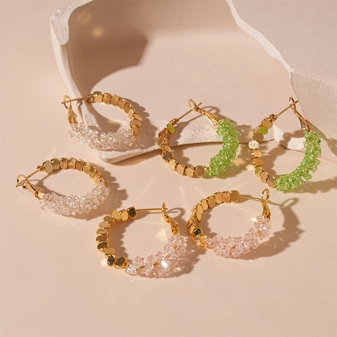 Artificial Crystal Spliced Hoop Earrings Gold Plated Copper Sweet Candy Color For Women Silver Earring Post