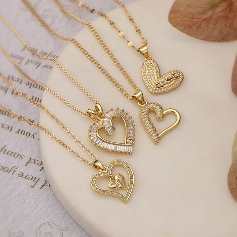 Collier Pendentif Coeur Cuivre Plaqué Or Avec Zircon Scintillant Bijoux De Mode Simple Pour Femmes