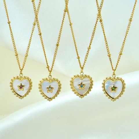 Elegante Herz Anhänger Halskette Edelstahl 14K Vergoldet Perlmutt Inlay Stern Bunter Zirkon Künstliche Perlenkette