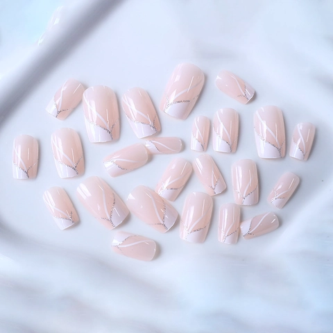 White French Tip Press On Nails Medium Square Nude Pink With Silver Glitter And Line Art ABS Plastic Manicure For Women