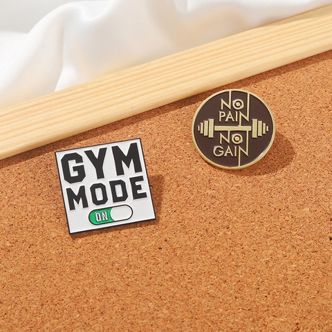 Creative Motivational Gym Enamel Pin Brooch For Fitness Enthusiasts Alloy No Pain No Gain And Gym Mode On Jewelry Accessory
