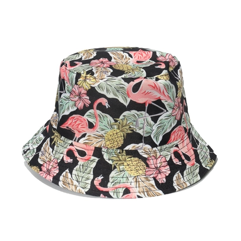 Tropical Print Bucket Hat Polyester Flamingo Pineapple Pattern Sunshade Beach Summer Outdoor Travel Sun Hat Women