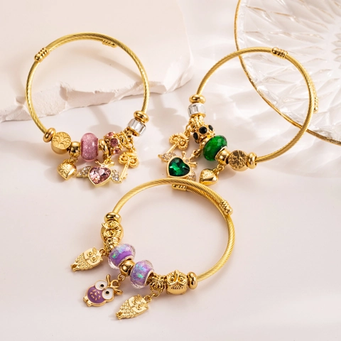 Charm Bracelet Gold Plated Alloy With Glass Beads Heart Owl Crown Pendant Adjustable Open Bangle For Women Gift