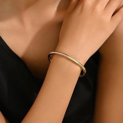 Stainless Steel Bangle Bracelet Channel Set Square Zircon Luxury Minimalist Hinged Fashion Jewelry For Women