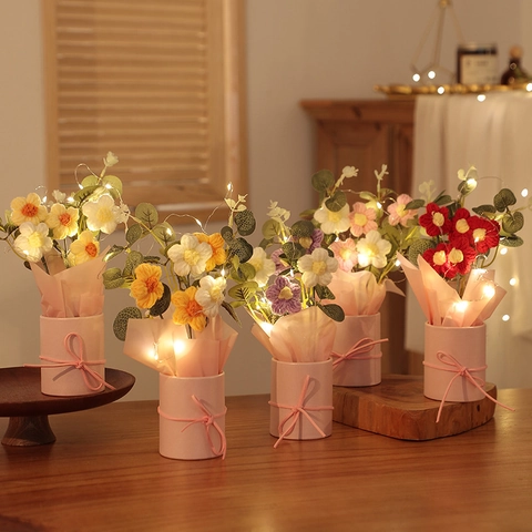 Handmade Knitted Flower Bouquet In Bucket Artificial Yarn Flowers With LED Light Romantic Gift For Birthday Wedding Home Decor