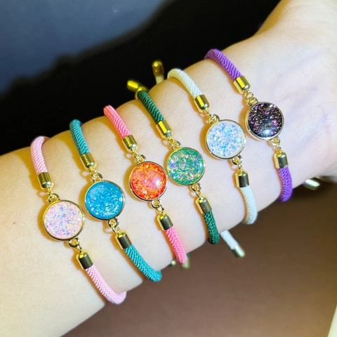 Woven Rope Bracelet Gold Plated Copper Round Glitter Resin Charm Adjustable Colorful Lucky Jewelry For Women