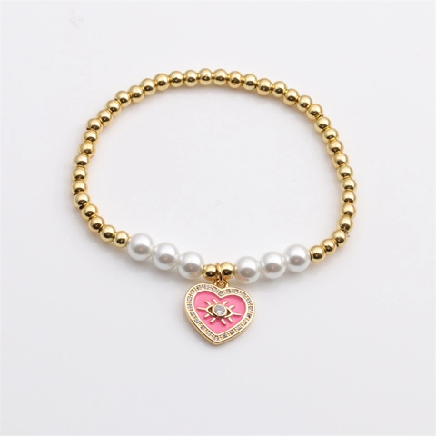 Pulsera Con Colgante De Corazón De Ojo Turco Cuentas De Cobre Chapadas En Oro Perlas Artificiales De Imitación Blancas Joyería De Esmalte