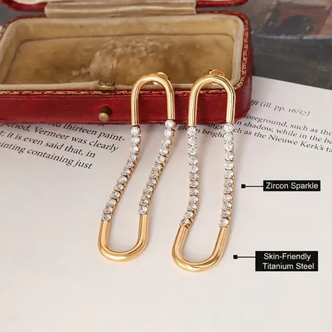 Geometrische U-Vorm Hangende Oorbellen Titanium Staal 18K Verguld Zirkonia Lange Schakel Minimalistische Sieraden Dames