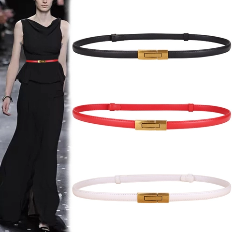 Ceinture Fine Pour Femme Cuir De Vachette De Première Couche Boucle En Alliage Doré Ajustable Accessoire De Mode