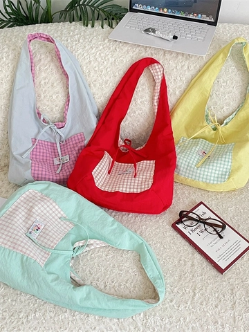 Women Plaid Tote Bag Large Capacity Polyester Shoulder Bag With Tie Bow Chic Casual Handbag For Daily Use