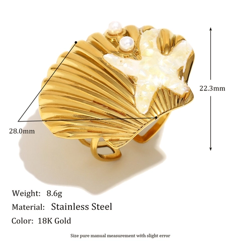 Pendientes De Estrella De Mar Y Concha Y Anillo Abierto Acero Inoxidable Chapado En Oro 18K Perla Artificial Estilo Playa Océano