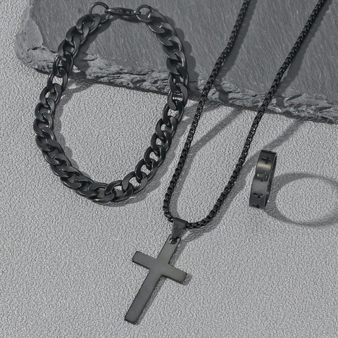 Black Stainless Steel Cross Necklace Cuban Bracelet And Ring Jewelry For Men Fashion Punk Gothic Style Accessory
