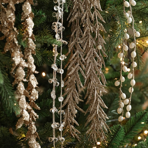 Christmas Tree Picks Glitter Artificial Branch Spray Faux Artificial Pearl Bead Strands For Xmas Garland Wreath DIY Decoration