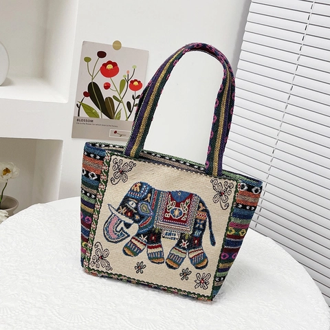 Ethnic Embroidery Elephant Owl Handbag Cotton Linen Tote Bag Bohemian Floral Jacquard Travel Shopper Bag For Women