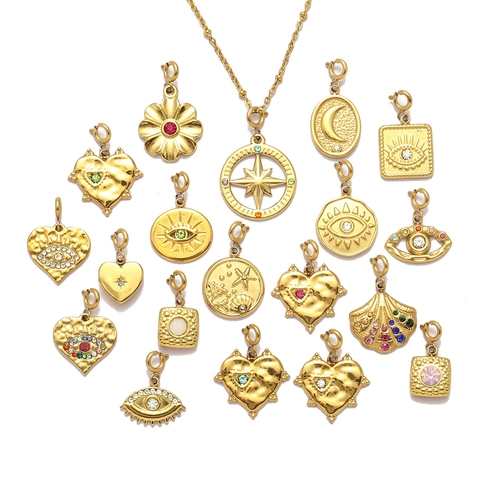 Edelstahl DIY Anhänger Vergoldet Rhinestone Evil Eye Herz Stern Mond Kompass Anhänger Für Schmuckherstellung Vintage