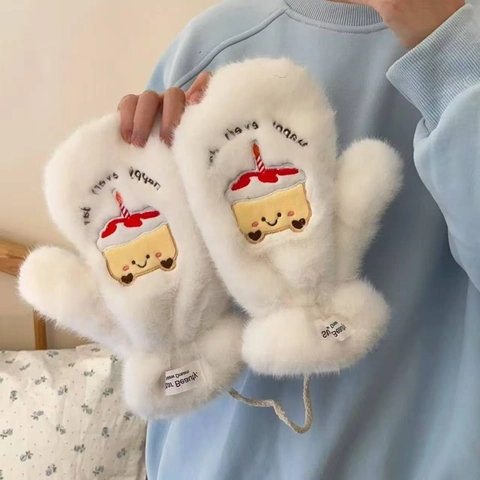 Lindo Bordado De Pastel De Cumpleaños Invierno Cálido Guantes De Felpa Bufanda Piel Sintética Grueso Accesorio Aire Libre