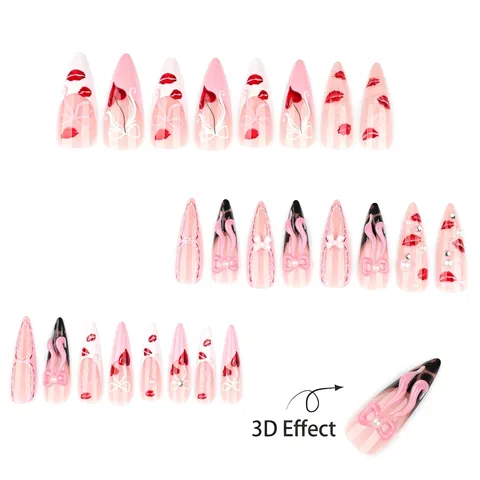 Rosa Lange Stiletto Künstliche Fingernägel Mit 3D Schleife Rote Lippen Herz Leopardenmuster Künstliche Perle Straßstein Aufklebbare Nägel