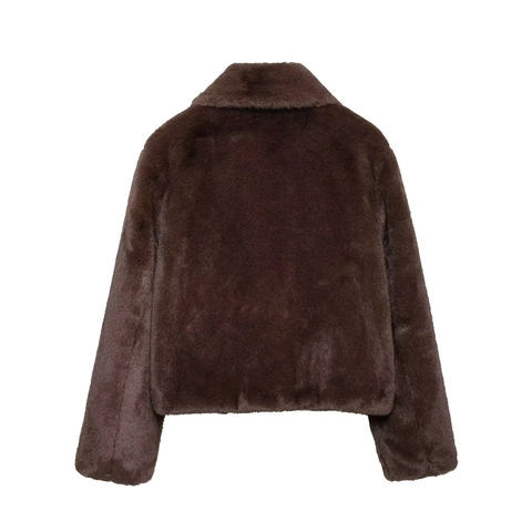 Women Faux Fur Jacket Lapel Zipper Short Coat Long Sleeve Warm Fashion Outwear Dark Brown Solid Casual
