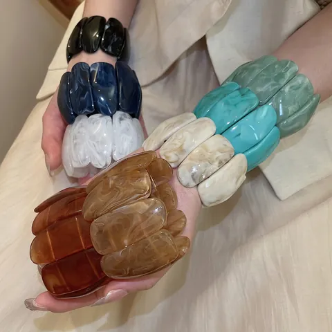 Retro Acrylic Resin Wide Stretch Bracelet Marble Tortoise Shell Texture Geometric Rectangular Bangle For Women