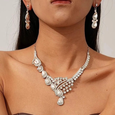 Lussuosi Gioielli In Lega E Strass Collana E Orecchini Per Matrimonio Banchetto Sposa Goccia Statement Argento