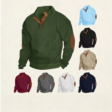 Men Knit Sweater Stand Collar Quarter Button Long Sleeve Retro Jacquard Pullover With Elbow Patches Casual Top