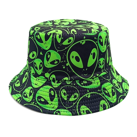 Bucket Hat Alien Print Reversible Sun Protection Breathable Polyester Streetwear Fisherman Hat For Men Women