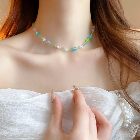 Dolce Collana E Bracciale Di Perle In Cristallo Verde Ciondoli A Fiore Multicolore Gioielli Estetici Per Donna