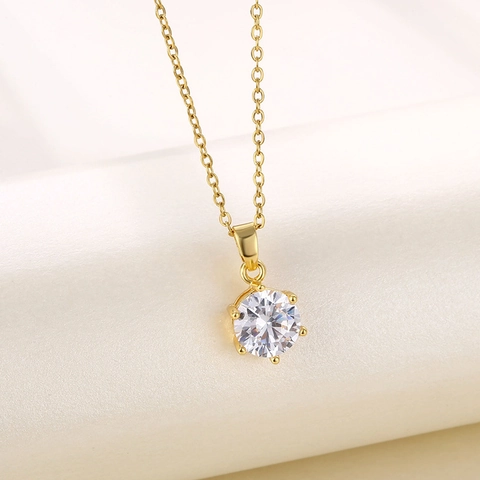 Classic Solitaire Pendant Necklace 18K Gold Plated Stainless Steel With Six Prong Round Cubic Zirconia Minimalist Jewelry
