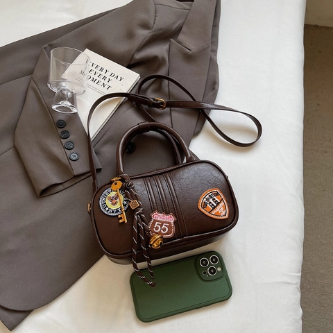 Retro PU Leather Handbag Women Embroidered Badges Bowling Bag Tassel Crossbody Shoulder Purse Streetwear