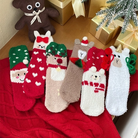 Weihnachtssocken Verdicktes Korallenfleece Warm Rutschfest Boden Schlafsocken Cartoon Niedliches Tierdesign Für Damen