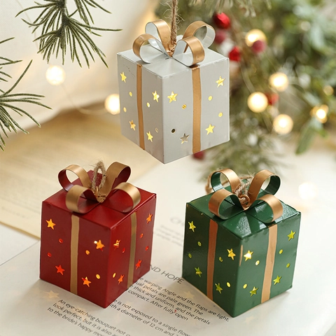 Decorazioni Natalizie Scatola Regalo In Ferro Luminosa Stella Svuotata In Metallo Ornamenti Da Appendere All Albero Con Fiocco D Oro