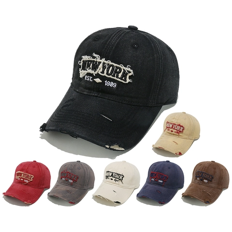 Casquette De Baseball Distressed Vintage Coton Lavé Rip New York Broderie Lettre Rétro Streetwear Chapeau Réglable Hommes Femmes