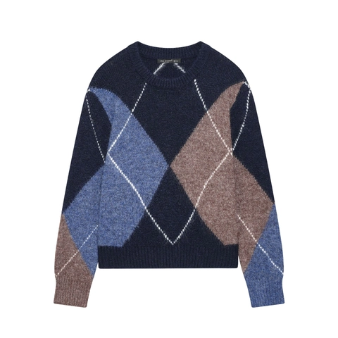 Vintage Argyle Plaid Knit Sweater For Women Contrast Color Crew Neck Long Sleeve Pullover Casual Loose Knitwear Top