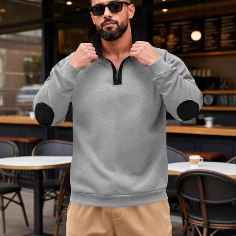 Men Quarter Zip Pullover Sweatshirt Brushed Fleece Stand Collar Long Sleeve Color Block Elbow Patch Loose Casual Top