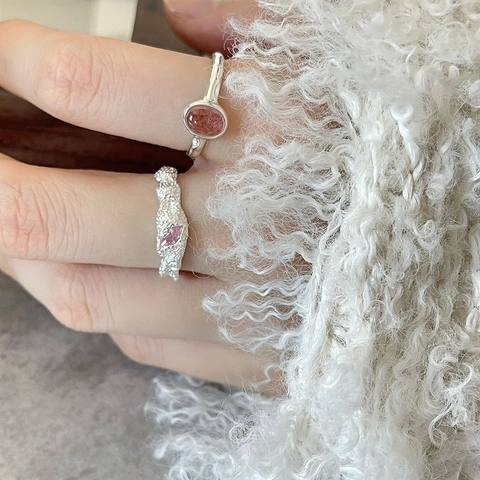 Bagues Ouvertes en Argent Sterling 925 pour Femmes Minimalistes Ajustables Quartz Fraise Pierre Arc-en-Ciel Bijoux de Main Mode Simple