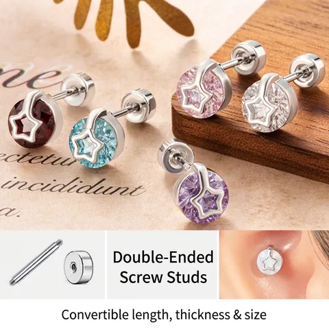 Hollow Star Cubic Zirconia Cartilage Piercing Ear Bone Stud Stainless Steel Screw Back Colorful Jewelry For Women