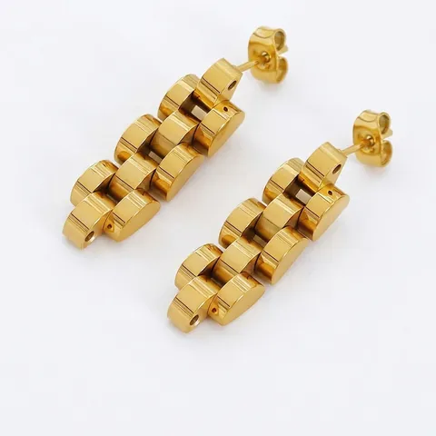 Stainless Steel Watchband Link Drop Ohrringe 18K Vergoldet Geometrisch Texturiert Trendiger Schmuck Für Damen