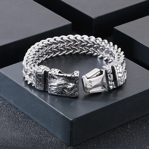 Herren Armband 316L Edelstahl Wolfskopf Verschluss Geflochtene Kette Punk Heavy Metal Gothic Biker Schmuck Hand Accessoire