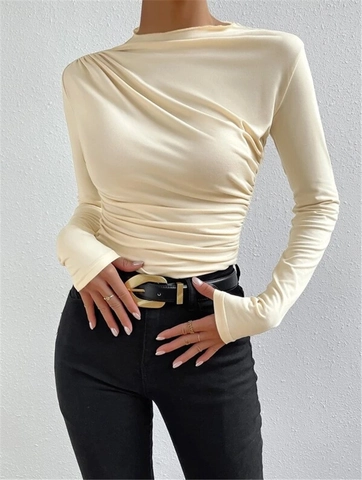 Camiseta de Manga Larga Ajustada con Fruncidos para Mujer Cuello Semialto Color Sólido Top Básico Streetwear