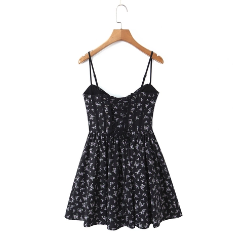Blumenmuster Cami Minikleid Polyester Spaghettiträger Rückenfrei Schnürung Süßer Französischer Vintage Stil Damen