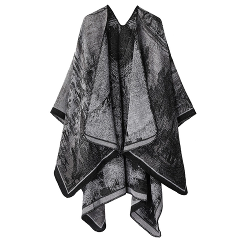 Damen Vintage Ethnisch Stil Imitiert Kaschmir Schal Offene Front Cape Decke Wickel Winter Warm Tuch Poncho